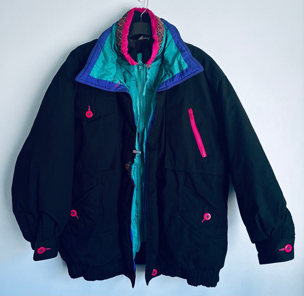 Vintage 90s Neon Colorblock Ski Jacket Oversized L Retro Snowboard Coat